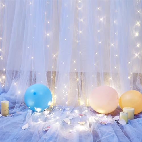 Blue Tulle Backdrop Curtains with Lights String for Parites Baby Shower 20×10ft Blue Sheer Backdrop Curtains, alternate view