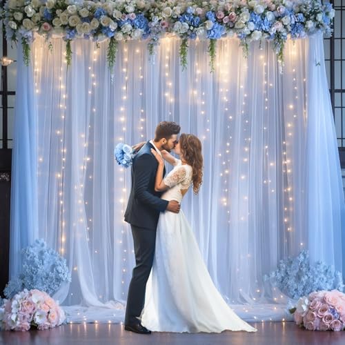 Blue Tulle Backdrop Curtains with Lights String for Parites Baby Shower 30×8ft Blue Sheer Backdrop Curtains, alternate view 3
