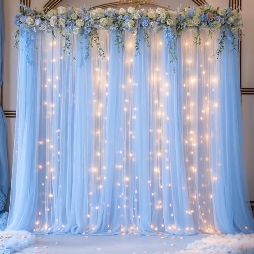 Blue Tulle Backdrop Curtains with Lights String for Parites Baby Shower 30×8ft Blue Sheer Backdrop Curtains, alternate view 4