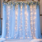 Blue Tulle Backdrop Curtains with Lights String for Parites Baby Shower 30×8ft Blue Sheer Backdrop Curtains, alternate view 4