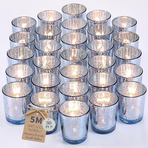 Blue Votive Candle Holders Set of 36 -Mercury Glass Candle Holders for Wedding & Baby Shower Decor - Ideal for