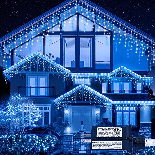 Blue White Christmas Icicle Lights, 300 LED 33FT Curtain Lights