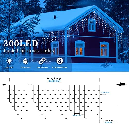 Blue White Christmas Icicle Lights, 300 LED 33FT Curtain Lights, alternate view 2