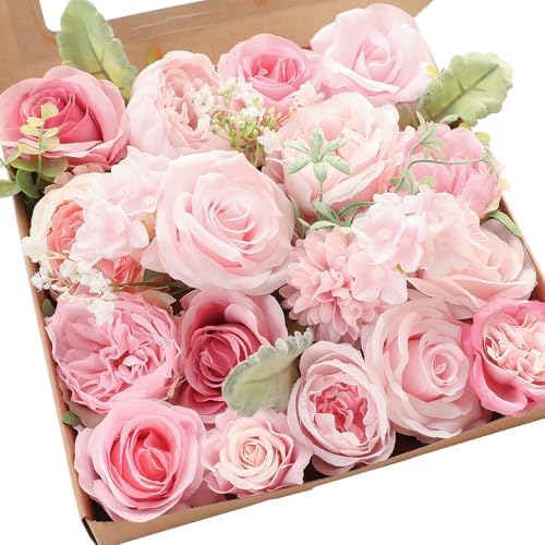 Blush Artificial Flowers Fake Roses Peonies Dahlia and Greenery Combo Box Set for DIY Pink Wedding Bouquets