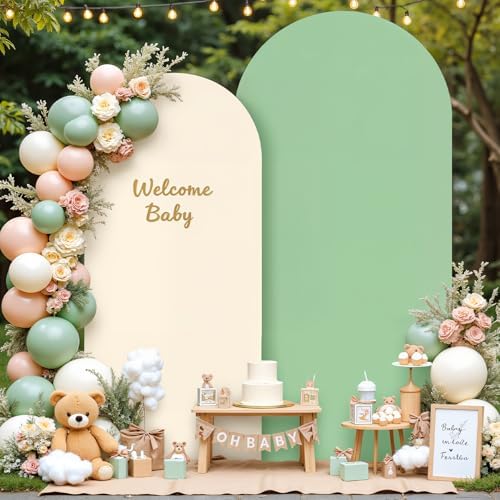 Boho Arch Backdrop Cover Set of 2 - 7.2FT & 6FT Wedding Arch Covers - Double-Color Sage Green & Beige - Spandex