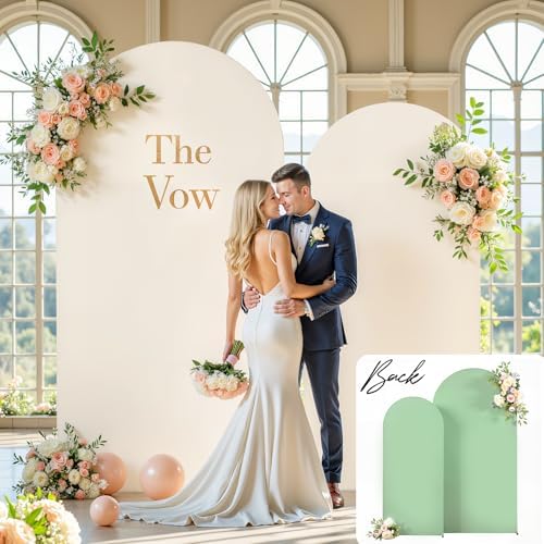 Boho Arch Backdrop Cover Set of 2 - 7.2FT & 6FT Wedding Arch Covers - Double-Color Sage Green & Beige - Spandex, alternate