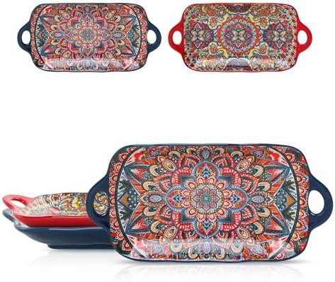 Boho Ceramic Serving Platters with Handles Set of 2, 12.59 Inch Large Serving Dishes for Entertaining, Colorful