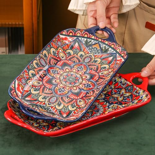Boho Ceramic Serving Platters with Handles Set of 2, 12.59 Inch Large Serving Dishes for Entertaining, Colorful, alternate
