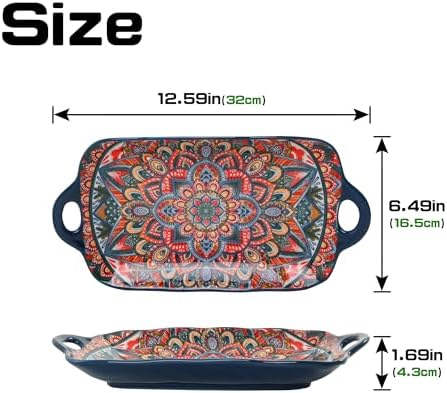 Boho Ceramic Serving Platters with Handles Set of 2, 12.59 Inch Large Serving Dishes for Entertaining, Colorful, alternate