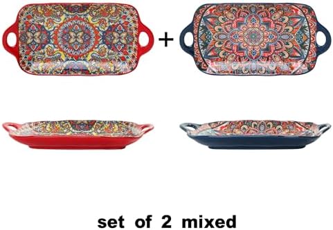 Boho Ceramic Serving Platters with Handles Set of 2, 12.59 Inch Large Serving Dishes for Entertaining, Colorful, alternate