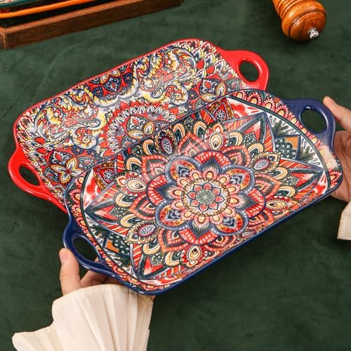 Boho Ceramic Serving Platters with Handles Set of 2, 12.59 Inch Large Serving Dishes for Entertaining, Colorful, alternate