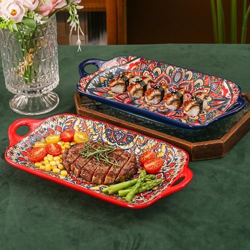 Boho Ceramic Serving Platters with Handles Set of 2, 12.59 Inch Large Serving Dishes for Entertaining, Colorful, alternate
