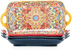 Boho Ceramic Serving Platters with Handles Set of 4, 12Inch Large Serving Dishes for Entertaining, Colorful Cute
