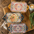 Boho Ceramic Serving Platters with Handles Set of 4, 12Inch Large Serving Dishes for Entertaining, Colorful Cute, alternate