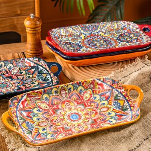 Boho Ceramic Serving Platters with Handles Set of 4, 12Inch Large Serving Dishes for Entertaining, Colorful Cute, alternate