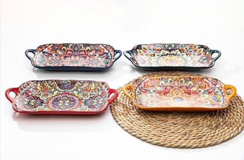 Boho Ceramic Serving Platters with Handles Set of 4, 12Inch Large Serving Dishes for Entertaining, Colorful Cute, alternate