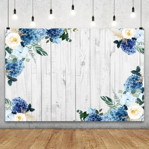 Boho Rustic Wood Plank Wall Backdrop 8x6.5ft Blue Floral Hydrangeas Camellia Flowers Green Leaves Plants Spring, alternate