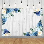 Boho Rustic Wood Plank Wall Backdrop 8x6.5ft Blue Floral Hydrangeas Camellia Flowers Green Leaves Plants Spring, alternate