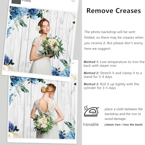 Boho Rustic Wood Plank Wall Backdrop 8x6.5ft Blue Floral Hydrangeas Camellia Flowers Green Leaves Plants Spring, alternate