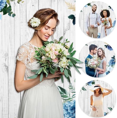 Boho Rustic Wood Plank Wall Backdrop 8x6.5ft Blue Floral Hydrangeas Camellia Flowers Green Leaves Plants Spring, alternate