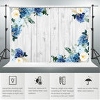 Boho Rustic Wood Plank Wall Backdrop 8x6.5ft Blue Floral Hydrangeas Camellia Flowers Green Leaves Plants Spring, alternate