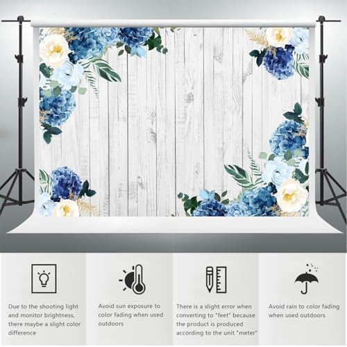 Boho Rustic Wood Plank Wall Backdrop 8x6.5ft Blue Floral Hydrangeas Camellia Flowers Green Leaves Plants Spring, alternate