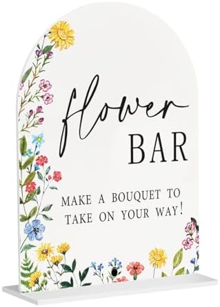 Boho Wedding Flower Bar Sign - Arched Acrylic Table Sign with Base, 5"x7", Modern Calligraphy for Bridal Shower
