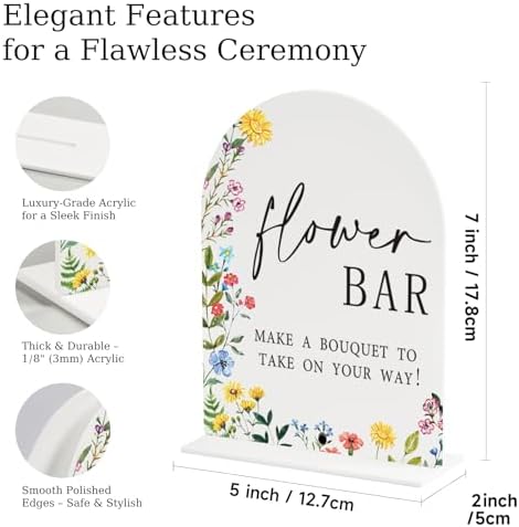 Boho Wedding Flower Bar Sign - Arched Acrylic Table Sign with Base, 5"x7", Modern Calligraphy for Bridal Shower, alternate