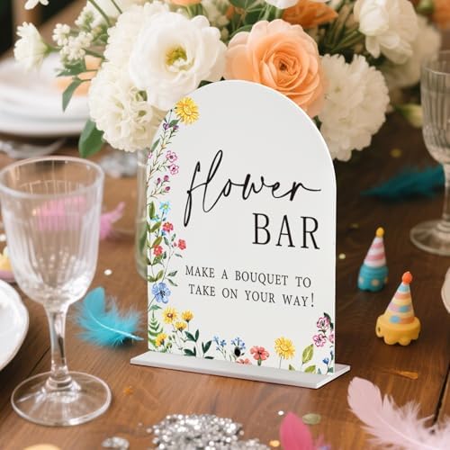 Boho Wedding Flower Bar Sign - Arched Acrylic Table Sign with Base, 5"x7", Modern Calligraphy for Bridal Shower, alternate
