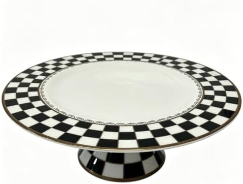 Bone China Checkerboard Cake Stand, 11.5-inch Dessert Pedestal in White