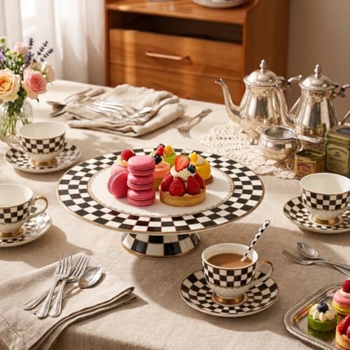 Bone China Checkerboard Cake Stand, 11.5-inch Dessert Pedestal in White, alternate view 2