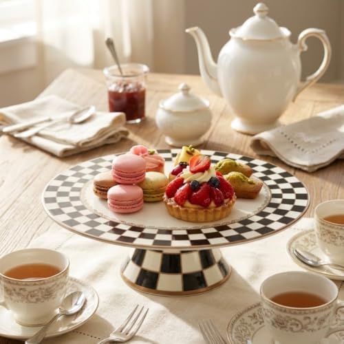 Bone China Checkerboard Cake Stand, 11.5-inch Dessert Pedestal in White, alternate view 5