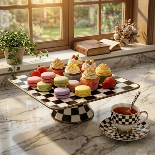 Bone China Checkerboard Square Cake Stand, 11.5-inch Cupcake Display in White, alternate view 2