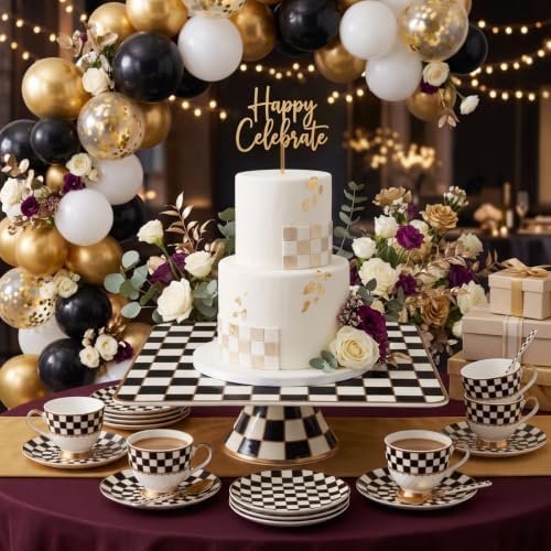 Bone China Checkerboard Square Cake Stand, 11.5-inch Cupcake Display in White, alternate view 4