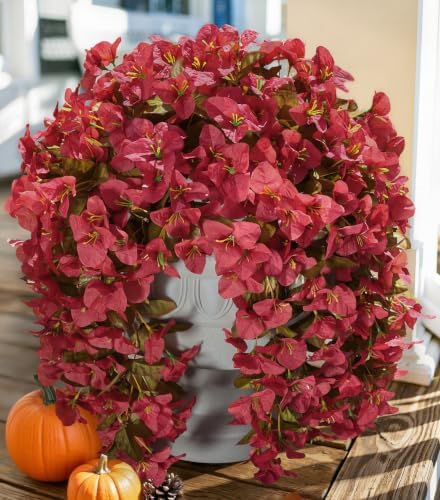 Bougainvillea Artificial Flowers for Outdoors Fake Plants Fall Autumn Decor, 2 pcs Faux Long Trailing Vines UV