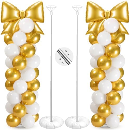 Bow Balloon Column Stand Set of 2, Gold, White in White