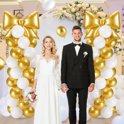 Bow Balloon Column Stand Set of 2, Gold, White in White, alternate view 2