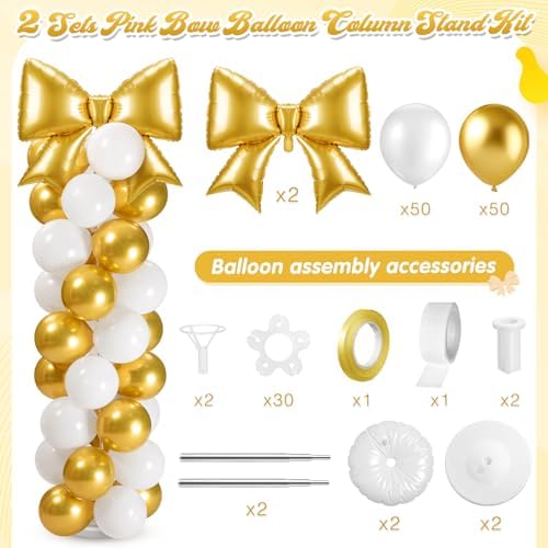 Bow Balloon Column Stand Set of 2, Gold, White in White, alternate view 3