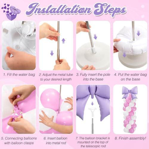 Bow Balloon Column Stand Set of 2, Purple, White in White, alternate view 3