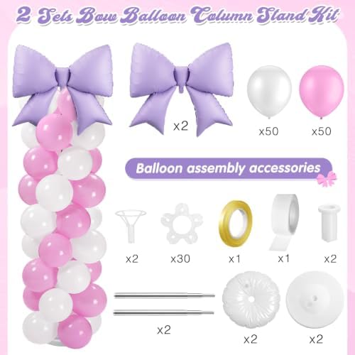 Bow Balloon Column Stand Set of 2, Purple, White in White, alternate view 4
