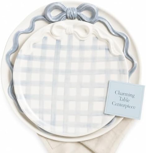 Bow Nested Platter Set of 2, Blue Gingham Round Serving Platters in small 10 1/2" dia | large 13" dia in