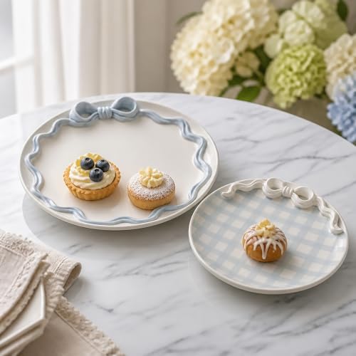 Bow Nested Platter Set of 2, Blue Gingham Round Serving Platters in small 10 1/2" dia | large 13" dia in, alternate view 2