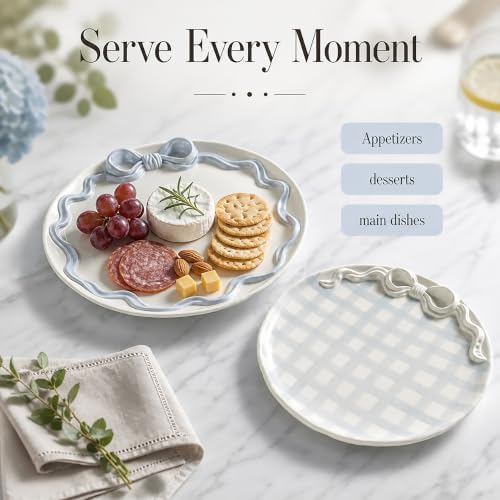 Bow Nested Platter Set of 2, Blue Gingham Round Serving Platters in small 10 1/2" dia | large 13" dia in, alternate view 5