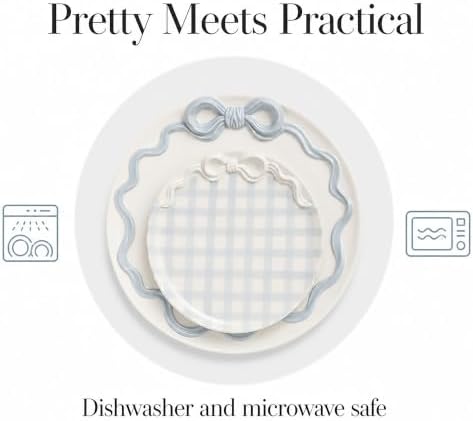 Bow Nested Platter Set of 2, Blue Gingham Round Serving Platters in small 10 1/2" dia | large 13" dia in, alternate view 6