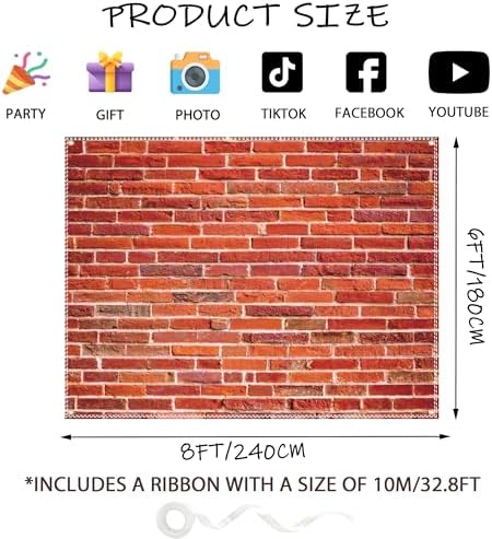 Brick Wall Backdrop 8x6 ft Vintage Rustic Photography Backdrops with 32.8ft Ribbon for Birthday Party Wedding, alternate view
