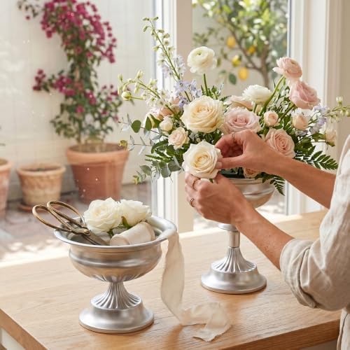 Bright Silver Urn Vases for Centerpieces Set of 2 (8.8" x 7.8" & 6.1" x 7.8"), Classic Metal Trumpet Flower Pots, alternate