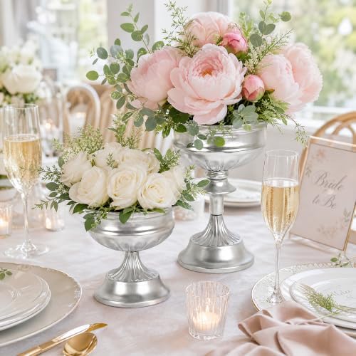 Bright Silver Urn Vases for Centerpieces Set of 2 (8.8" x 7.8" & 6.1" x 7.8"), Classic Metal Trumpet Flower Pots, alternate