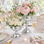Bright Silver Urn Vases for Centerpieces Set of 2 (8.8" x 7.8" & 6.1" x 7.8"), Classic Metal Trumpet Flower Pots, alternate