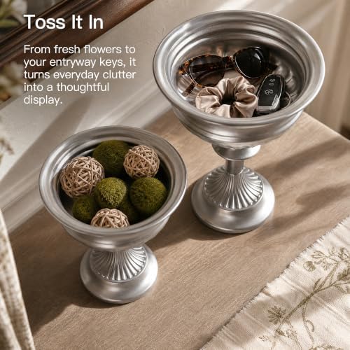 Bright Silver Urn Vases for Centerpieces Set of 2 (8.8" x 7.8" & 6.1" x 7.8"), Classic Metal Trumpet Flower Pots, alternate