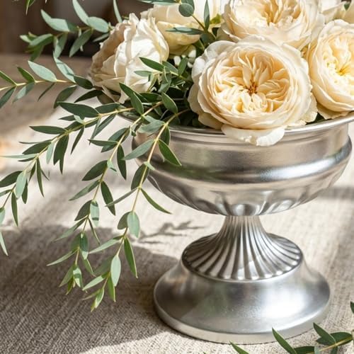 Bright Silver Urn Vases for Centerpieces Set of 2 (8.8" x 7.8" & 6.1" x 7.8"), Classic Metal Trumpet Flower Pots, alternate